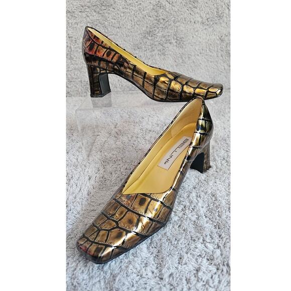 Bellini Shoes - Vintage Bellini Margie Gold Croc Leather Pump Heels Women Sz 7B Square Toe